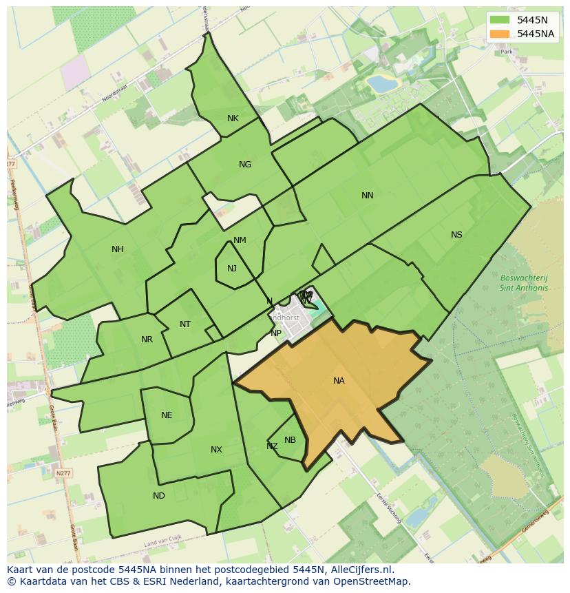 Afbeelding van het postcodegebied 5445 NA op de kaart.