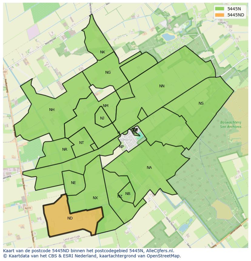 Afbeelding van het postcodegebied 5445 ND op de kaart.