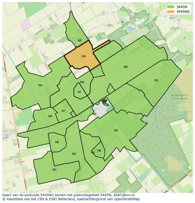 Afbeelding van het postcodegebied 5445 NG op de kaart.