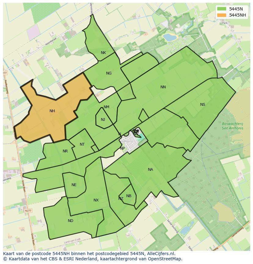 Afbeelding van het postcodegebied 5445 NH op de kaart.