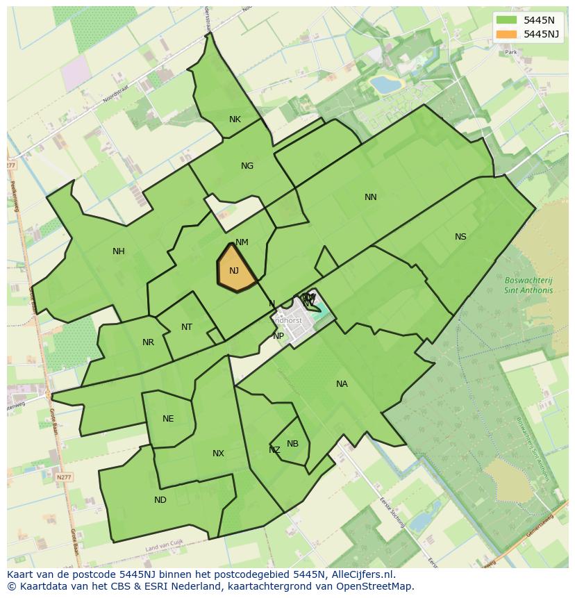 Afbeelding van het postcodegebied 5445 NJ op de kaart.