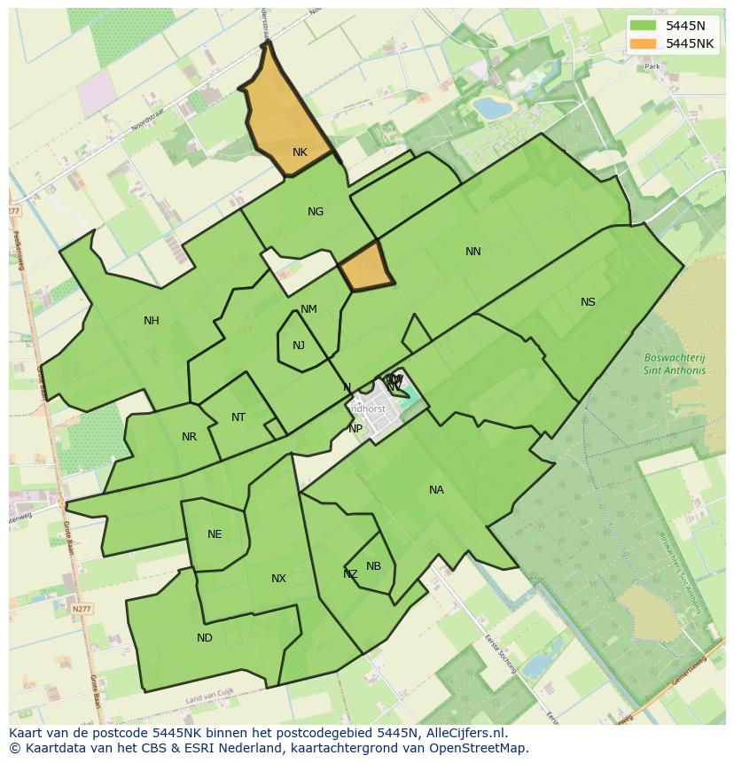 Afbeelding van het postcodegebied 5445 NK op de kaart.