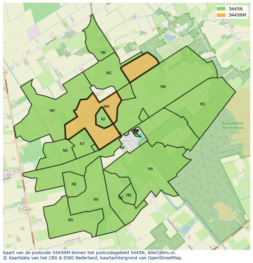 Afbeelding van het postcodegebied 5445 NM op de kaart.