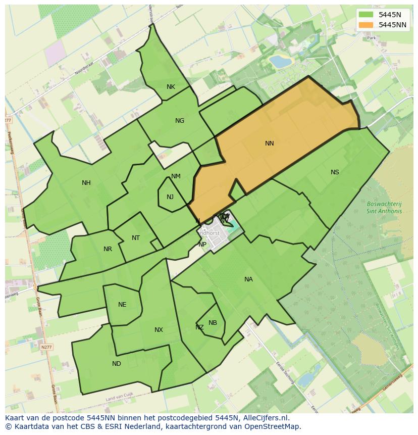 Afbeelding van het postcodegebied 5445 NN op de kaart.