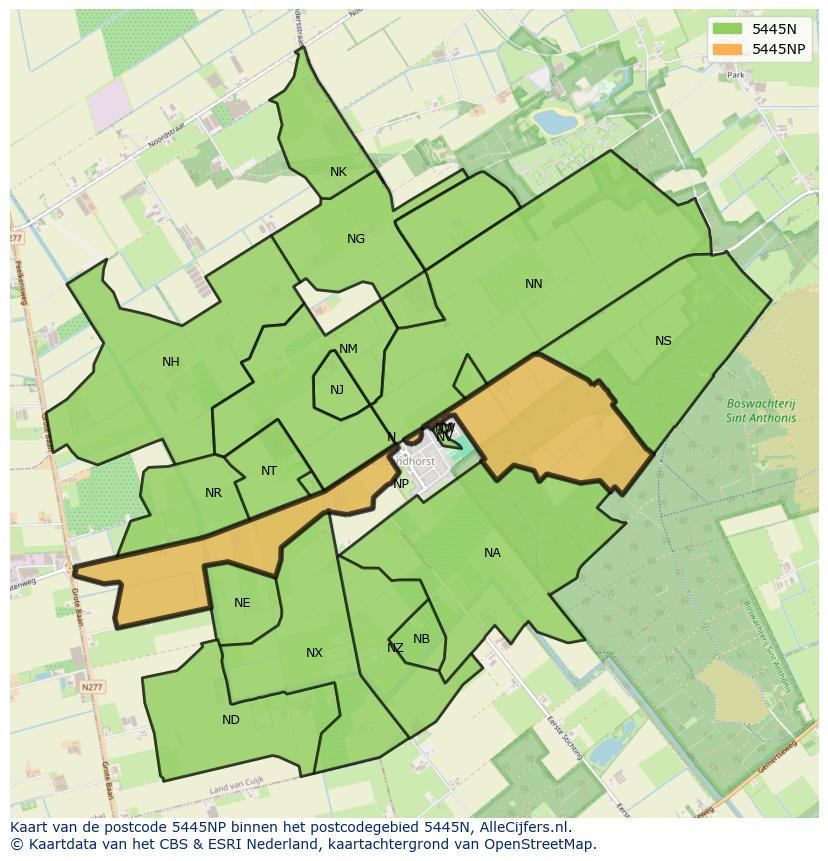 Afbeelding van het postcodegebied 5445 NP op de kaart.