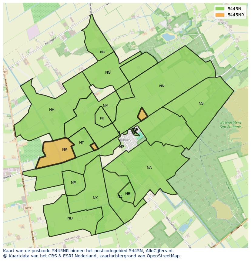 Afbeelding van het postcodegebied 5445 NR op de kaart.