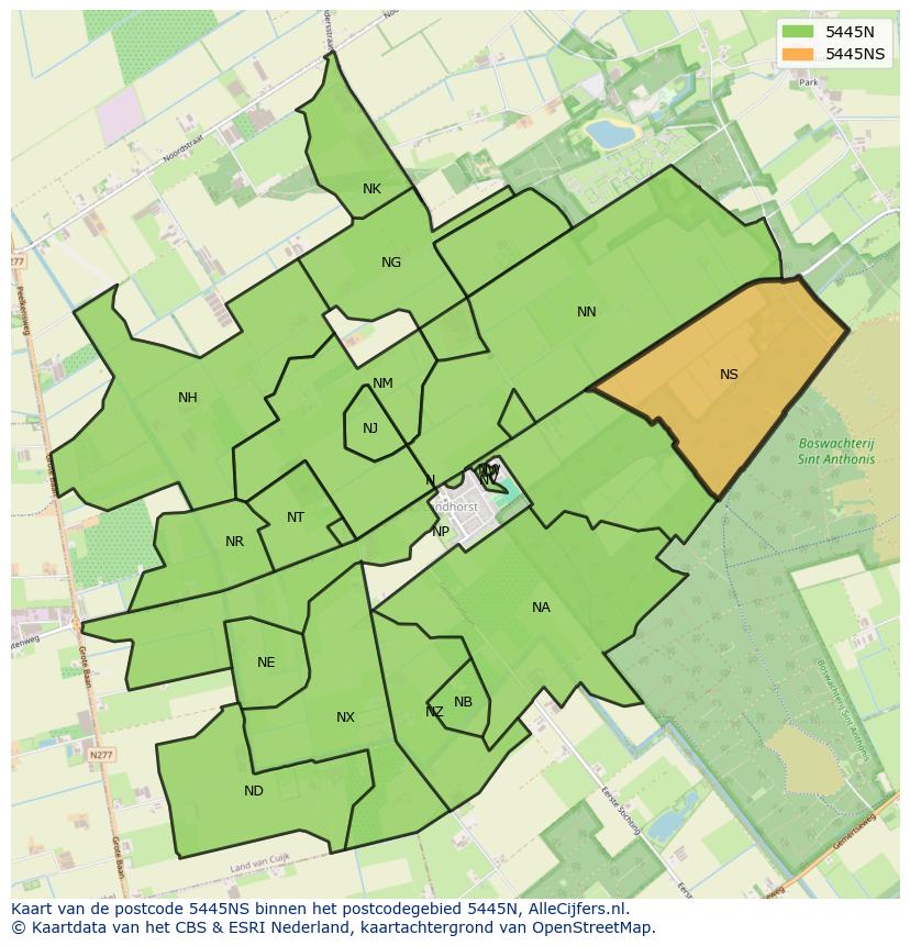 Afbeelding van het postcodegebied 5445 NS op de kaart.