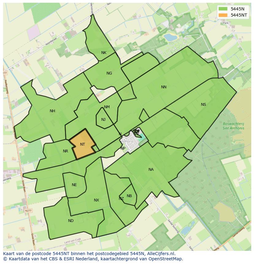 Afbeelding van het postcodegebied 5445 NT op de kaart.