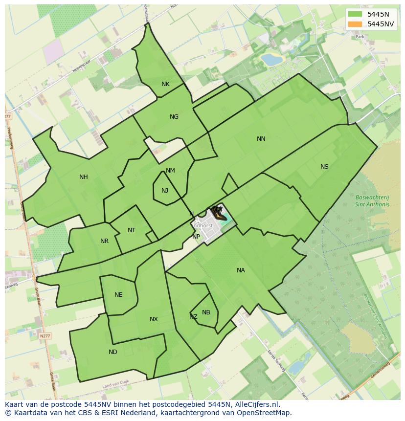 Afbeelding van het postcodegebied 5445 NV op de kaart.