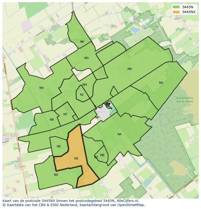 Afbeelding van het postcodegebied 5445 NX op de kaart.