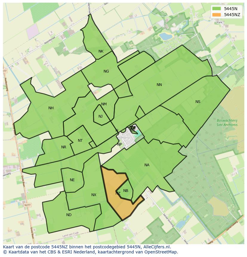 Afbeelding van het postcodegebied 5445 NZ op de kaart.