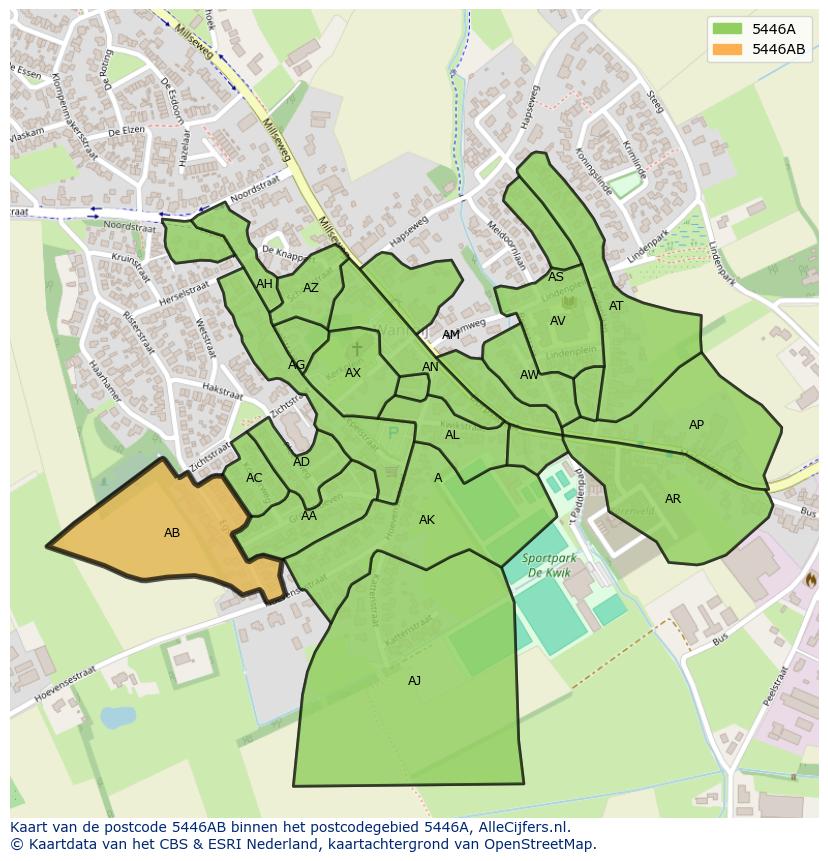 Afbeelding van het postcodegebied 5446 AB op de kaart.