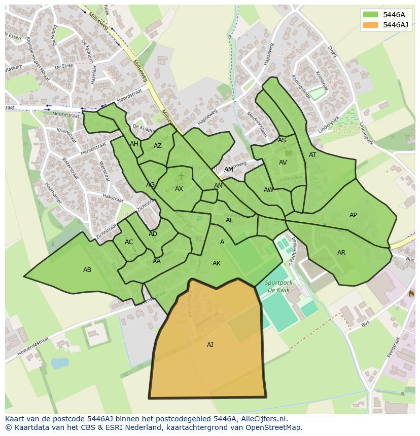 Afbeelding van het postcodegebied 5446 AJ op de kaart.