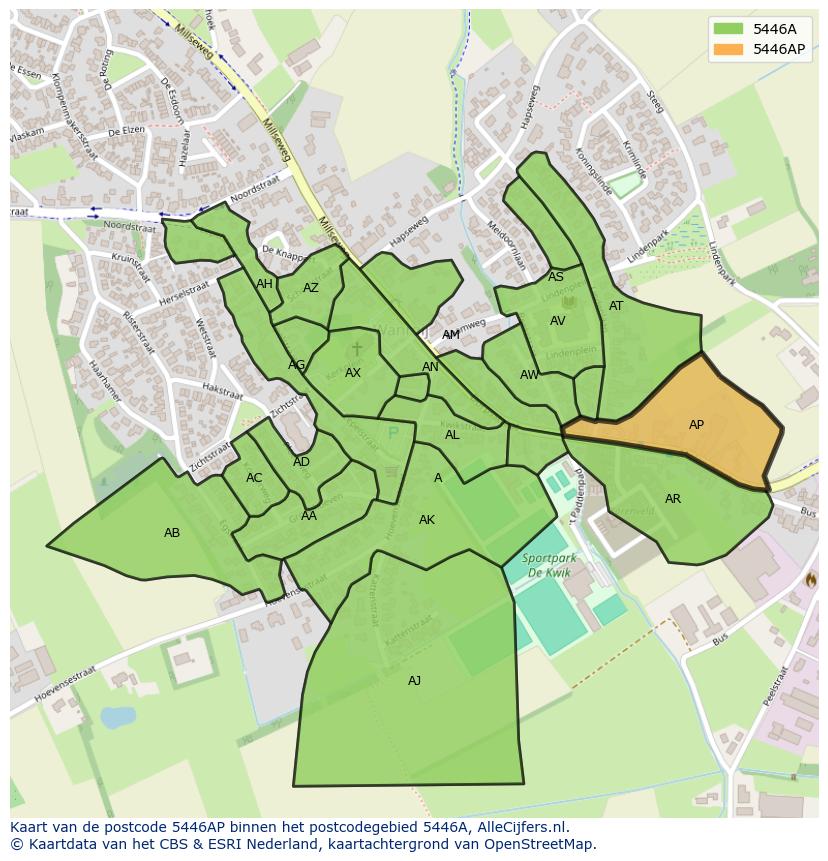 Afbeelding van het postcodegebied 5446 AP op de kaart.