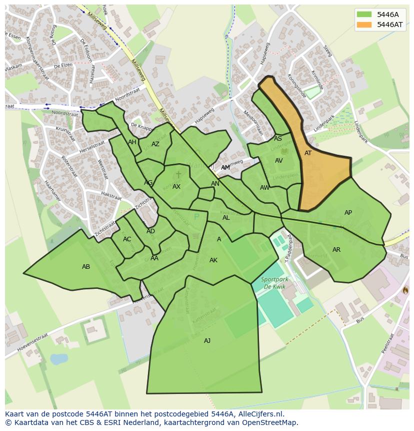 Afbeelding van het postcodegebied 5446 AT op de kaart.