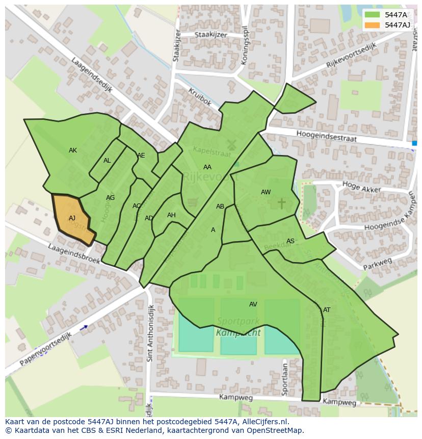 Afbeelding van het postcodegebied 5447 AJ op de kaart.