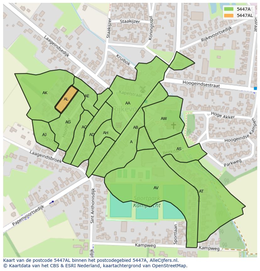 Afbeelding van het postcodegebied 5447 AL op de kaart.