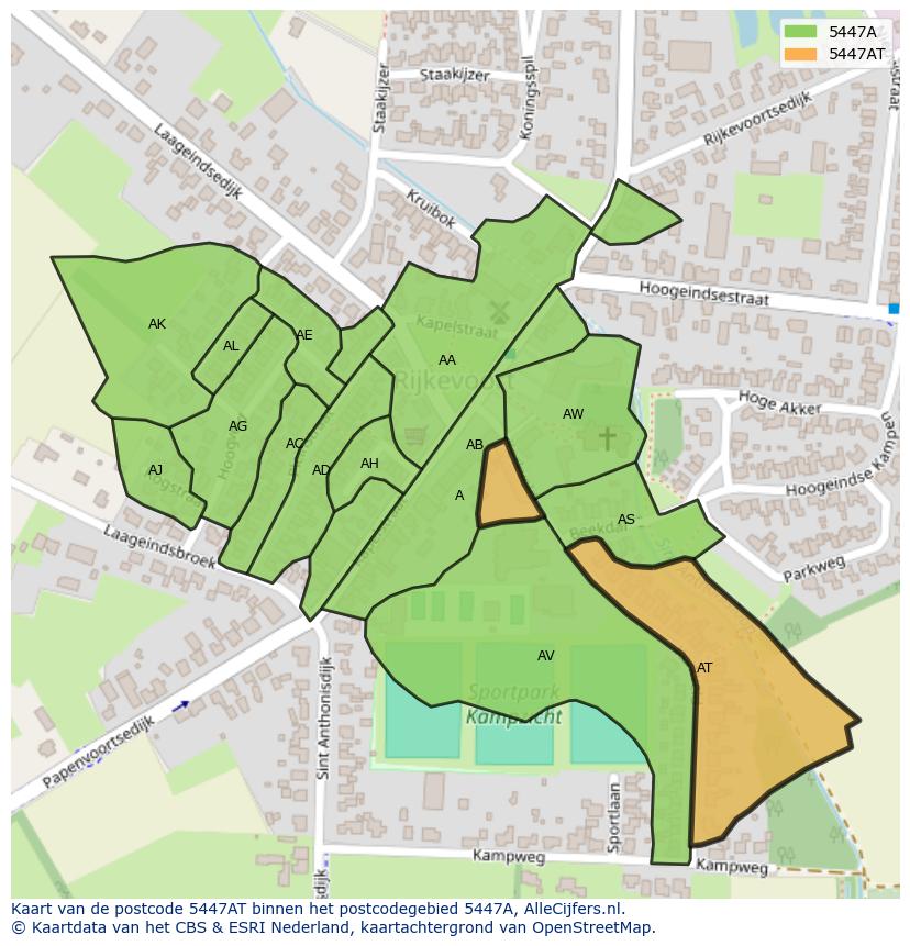 Afbeelding van het postcodegebied 5447 AT op de kaart.