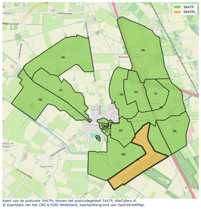 Afbeelding van het postcodegebied 5447 PL op de kaart.