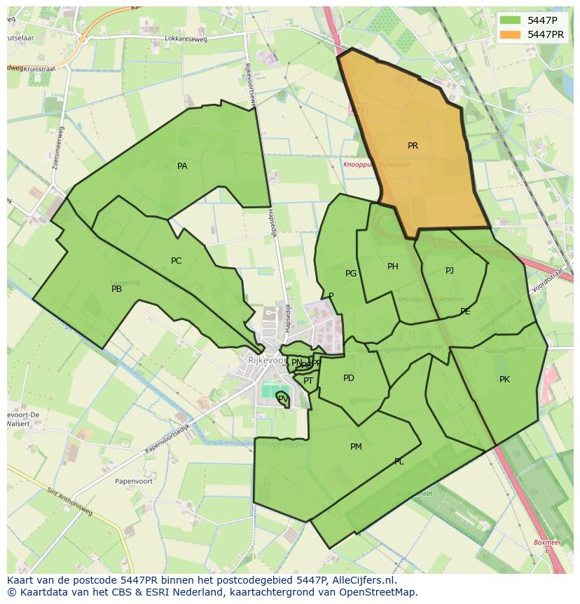 Afbeelding van het postcodegebied 5447 PR op de kaart.