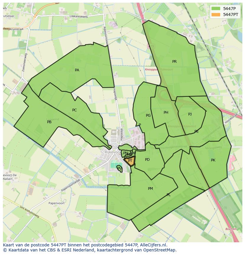 Afbeelding van het postcodegebied 5447 PT op de kaart.