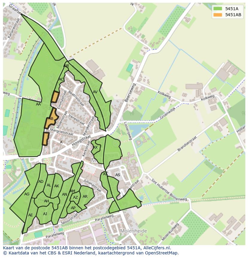 Afbeelding van het postcodegebied 5451 AB op de kaart.