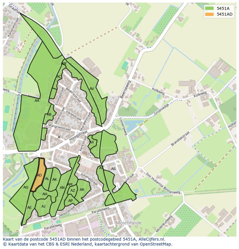 Afbeelding van het postcodegebied 5451 AD op de kaart.
