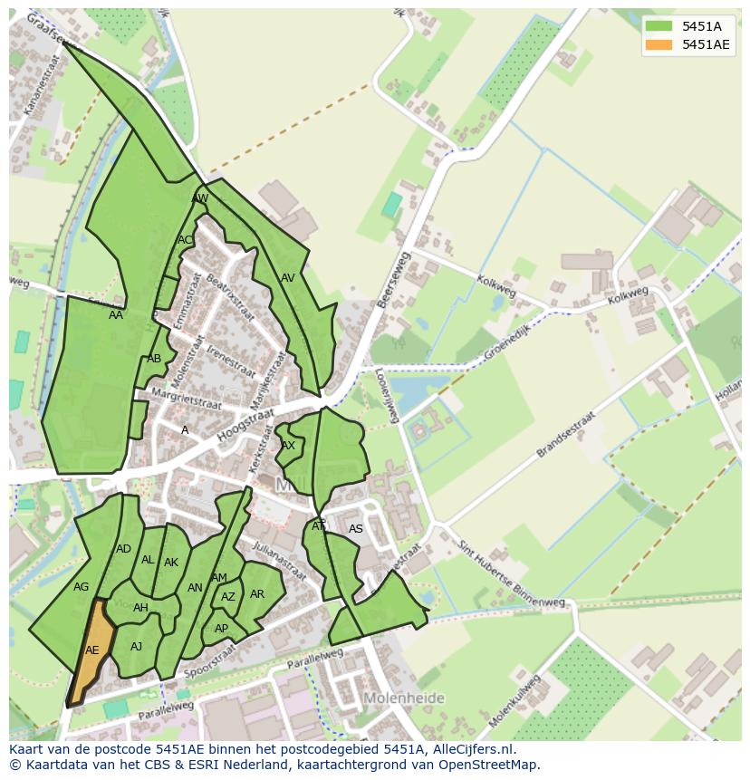 Afbeelding van het postcodegebied 5451 AE op de kaart.