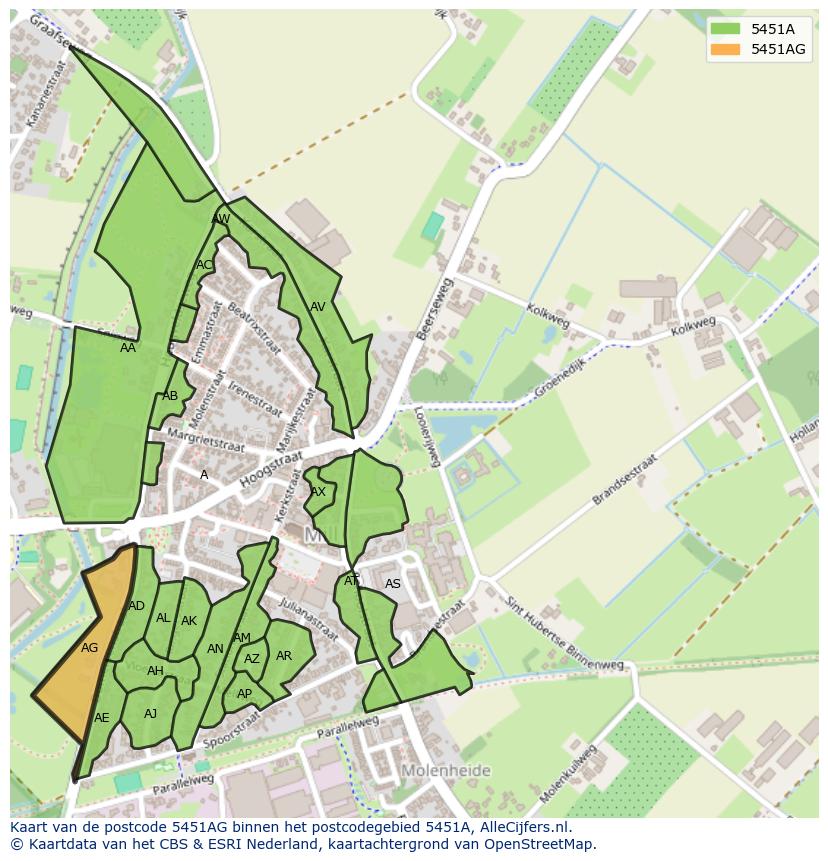 Afbeelding van het postcodegebied 5451 AG op de kaart.