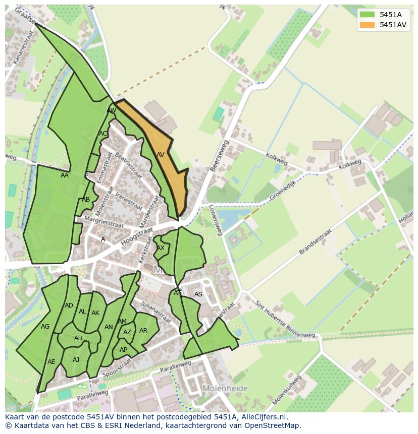 Afbeelding van het postcodegebied 5451 AV op de kaart.