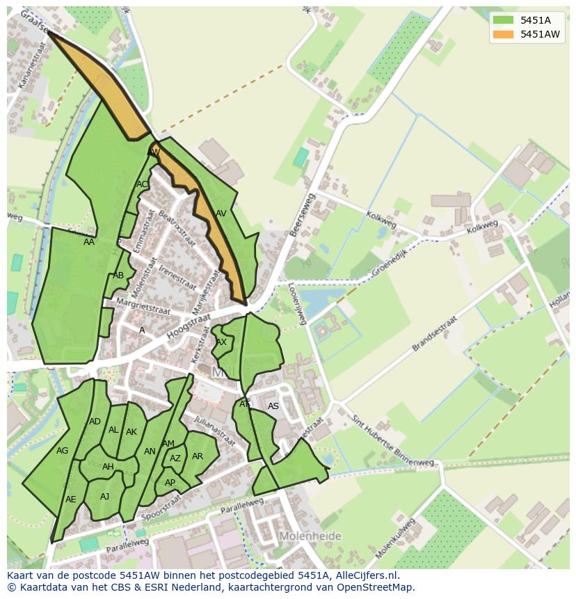 Afbeelding van het postcodegebied 5451 AW op de kaart.