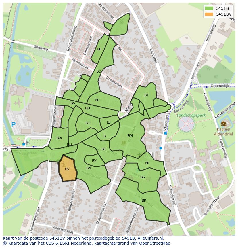 Afbeelding van het postcodegebied 5451 BV op de kaart.
