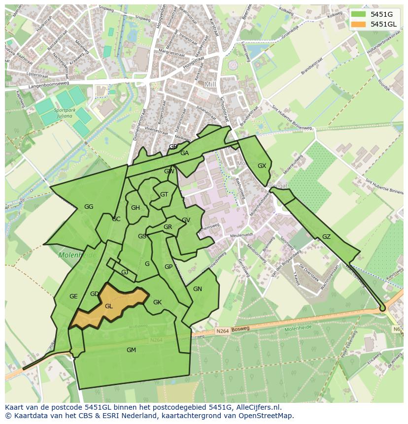 Afbeelding van het postcodegebied 5451 GL op de kaart.