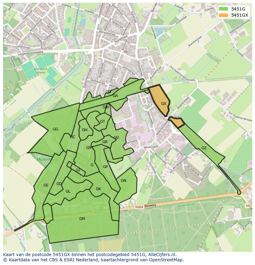 Afbeelding van het postcodegebied 5451 GX op de kaart.