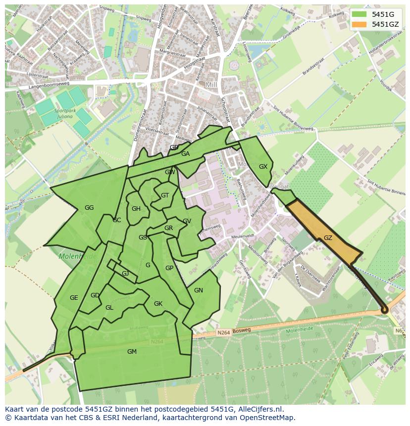 Afbeelding van het postcodegebied 5451 GZ op de kaart.