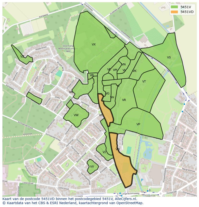 Afbeelding van het postcodegebied 5451 VD op de kaart.