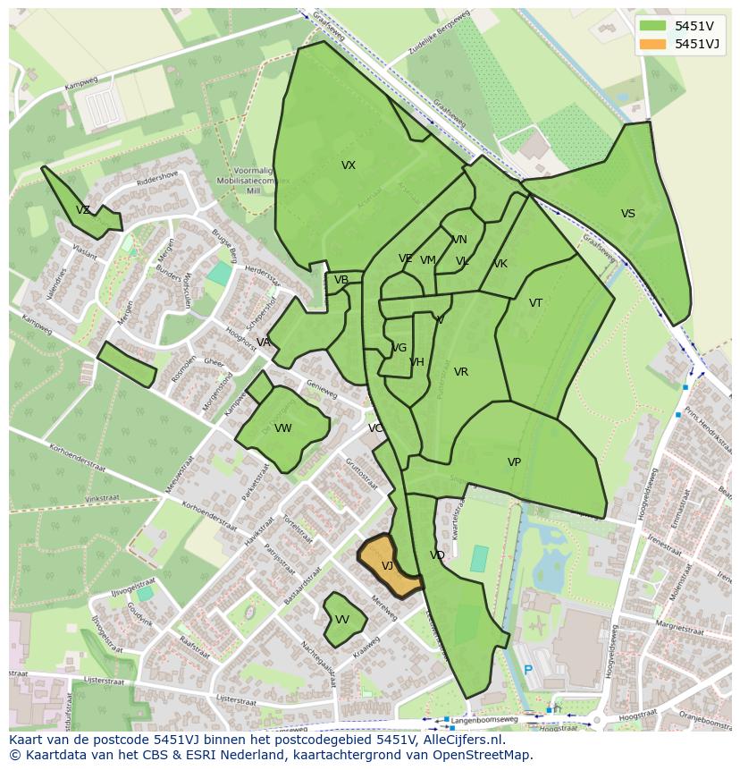 Afbeelding van het postcodegebied 5451 VJ op de kaart.