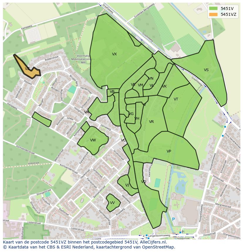 Afbeelding van het postcodegebied 5451 VZ op de kaart.