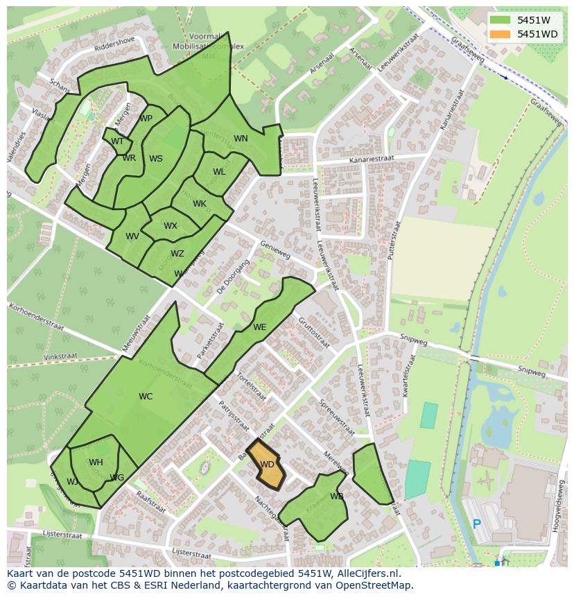 Afbeelding van het postcodegebied 5451 WD op de kaart.