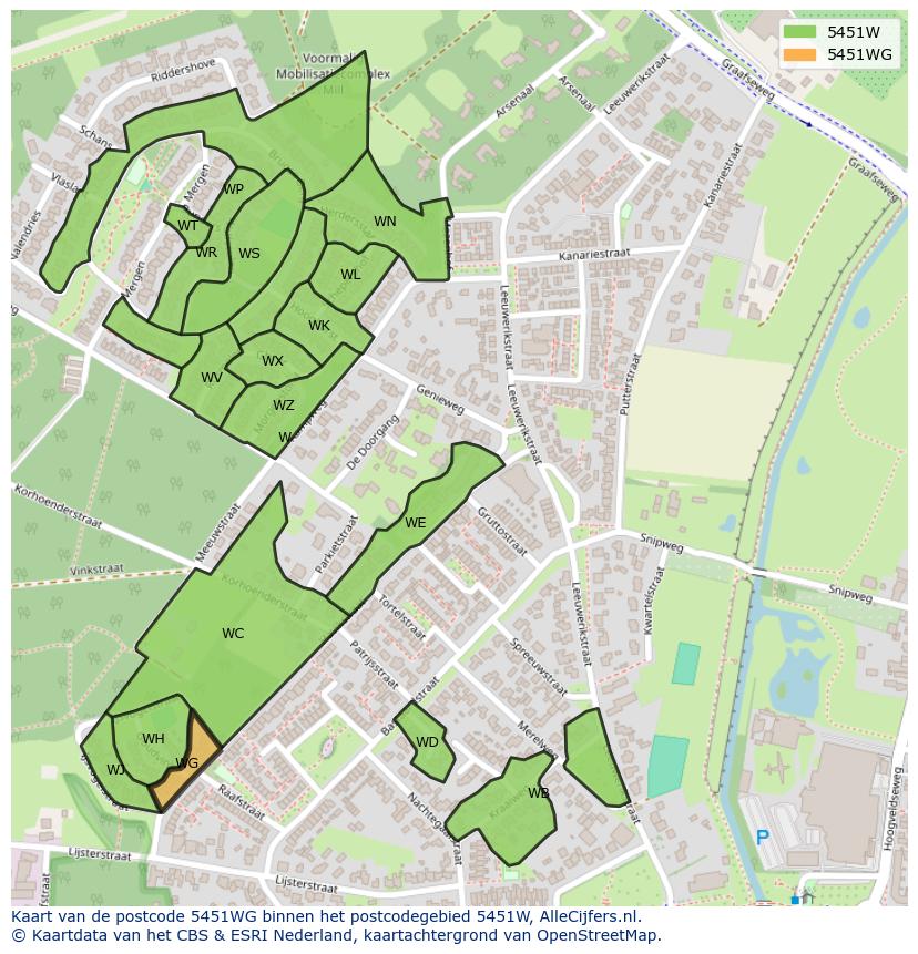 Afbeelding van het postcodegebied 5451 WG op de kaart.