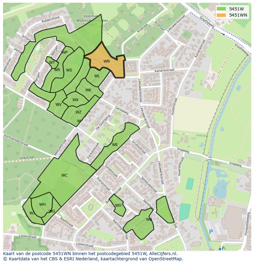 Afbeelding van het postcodegebied 5451 WN op de kaart.