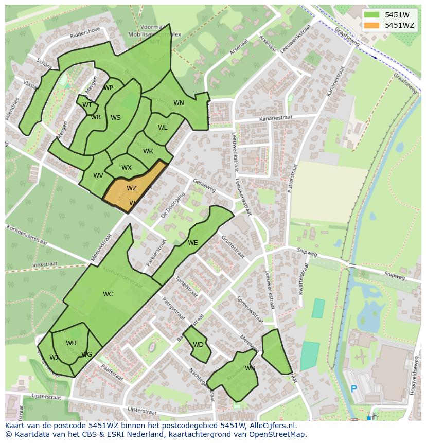 Afbeelding van het postcodegebied 5451 WZ op de kaart.