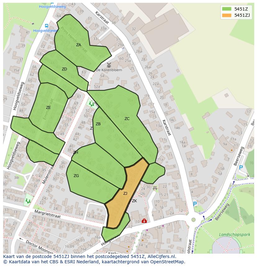 Afbeelding van het postcodegebied 5451 ZJ op de kaart.