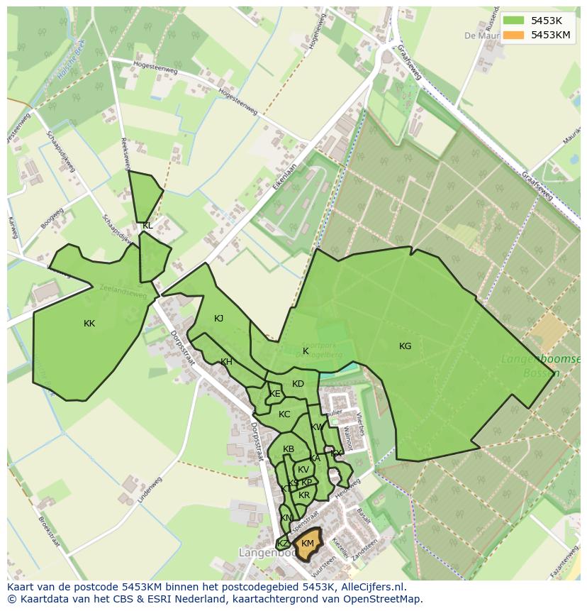 Afbeelding van het postcodegebied 5453 KM op de kaart.