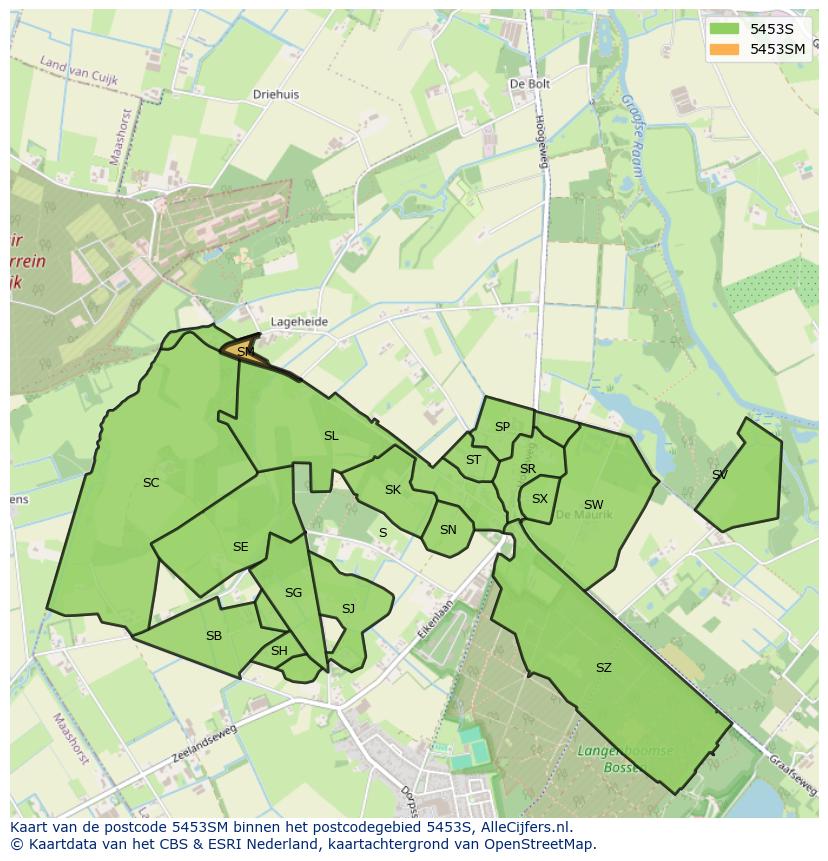 Afbeelding van het postcodegebied 5453 SM op de kaart.