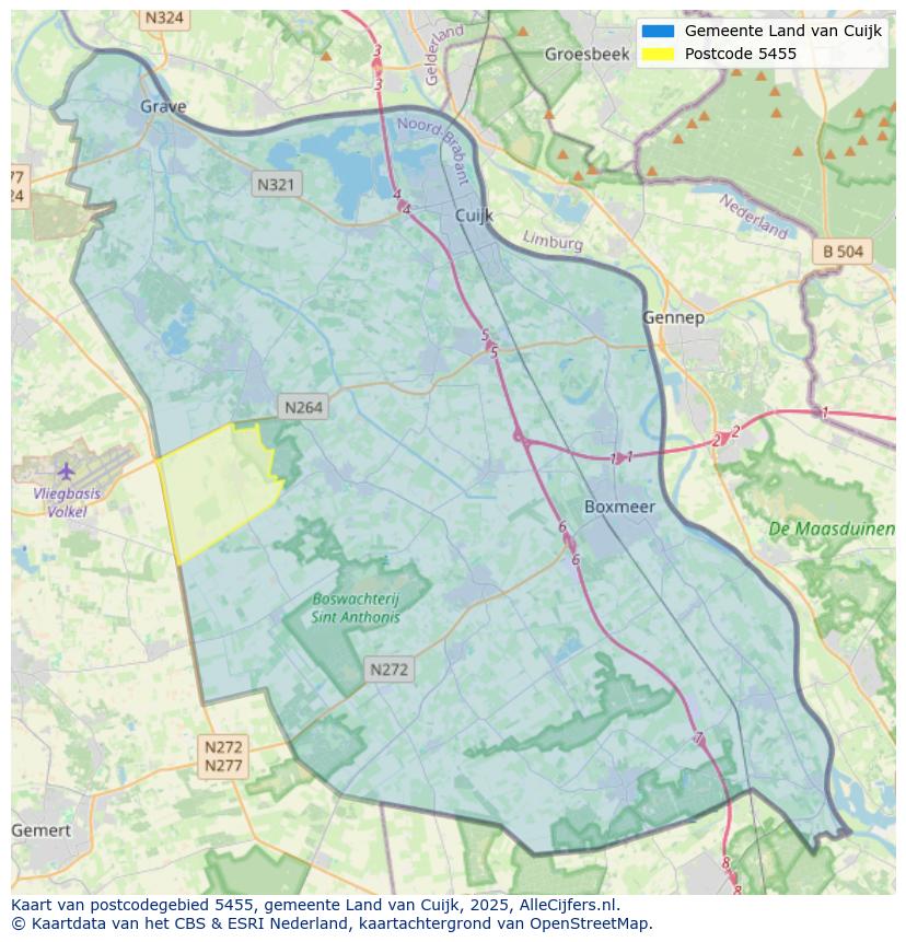 Afbeelding van het postcodegebied 5455 op de kaart.