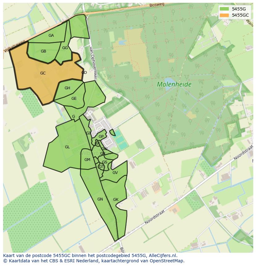 Afbeelding van het postcodegebied 5455 GC op de kaart.