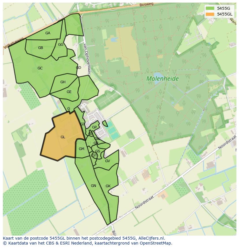 Afbeelding van het postcodegebied 5455 GL op de kaart.