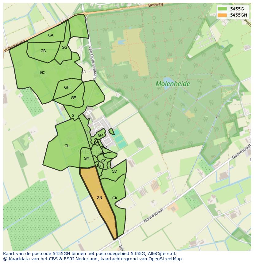Afbeelding van het postcodegebied 5455 GN op de kaart.