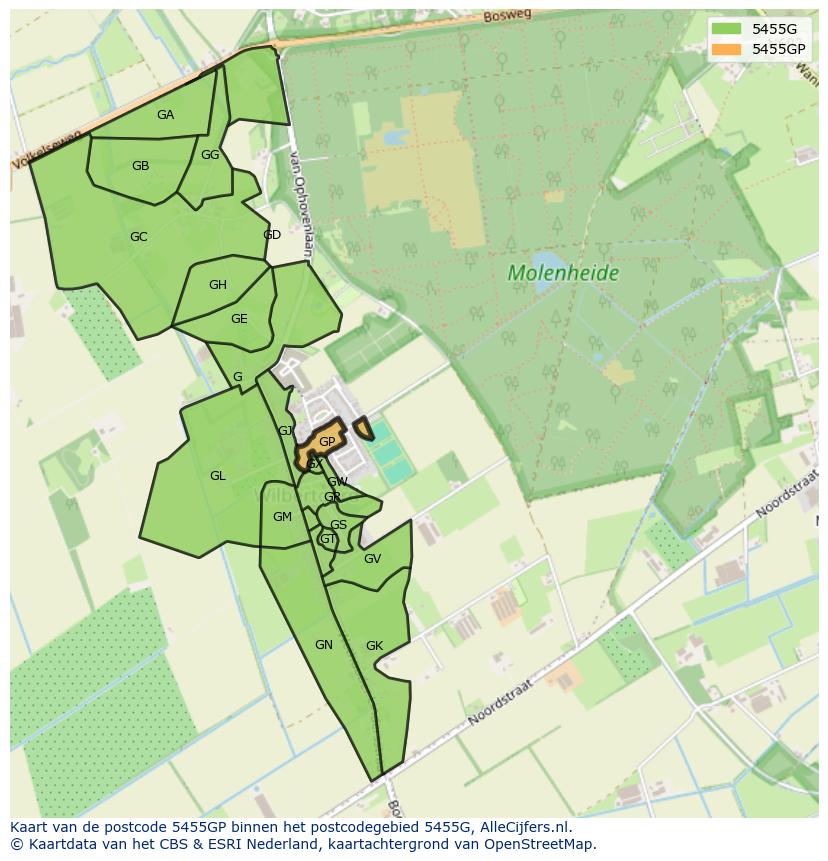 Afbeelding van het postcodegebied 5455 GP op de kaart.